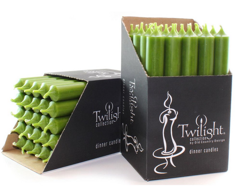 Green candles in packaging with 'Twilight' branding on a white background