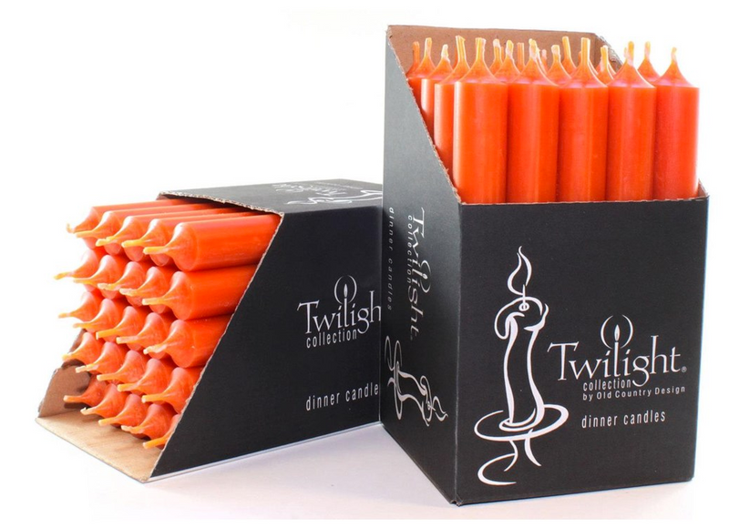 Two boxes of orange candles labeled 'Twilight' on a white background