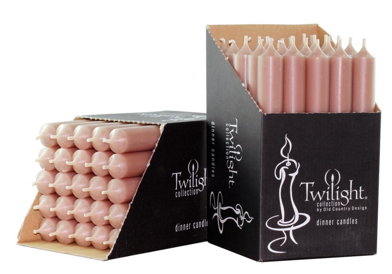 Pink candles in a box with 'Twilight' branding on a white background