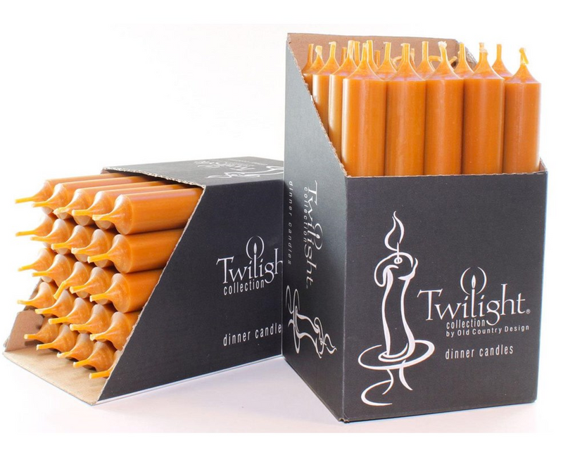 Two boxes of orange candles with 'Twilight' branding on a white background