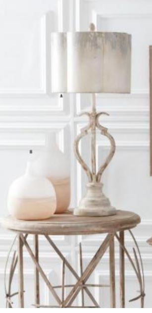 Cream & Gray Distressed Metal Lamp w/Metal Scalloped Shade