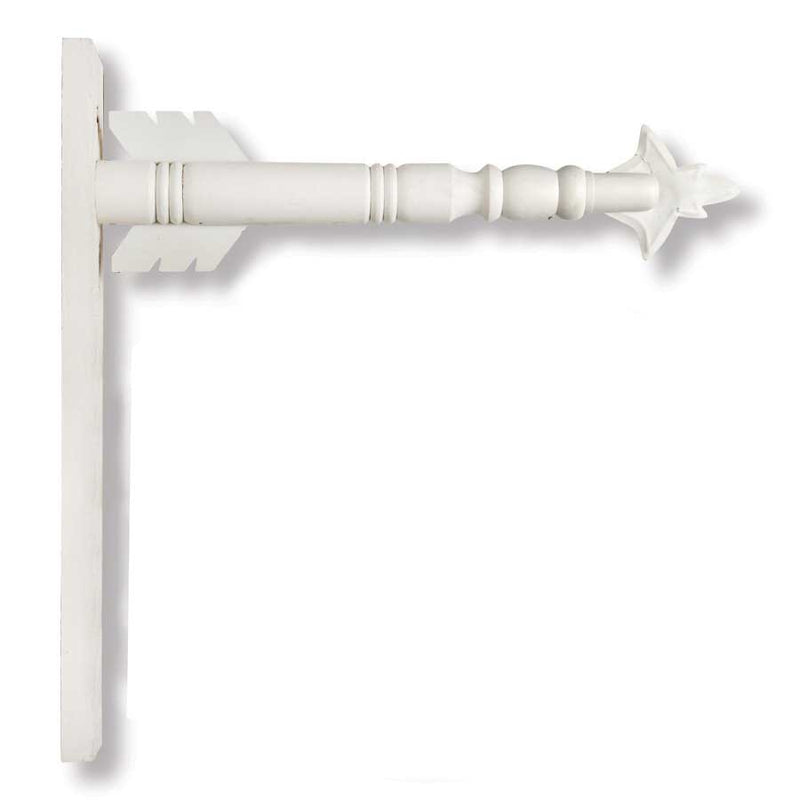 A collection of six different arrow hangers in various colors and materials, including black and white arrows, barnwood, metal scroll, black and cream, and architectural wood holder.