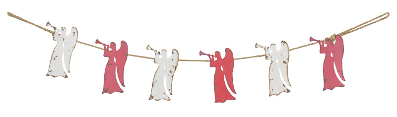 Decorative banner with angel figures on a string against a white background