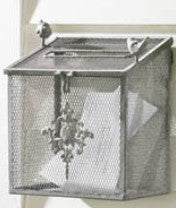 Metal mesh trash can with a lid on a white background