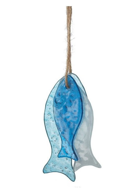 Blue fish-shaped ornament hanging on a rope against a white background
