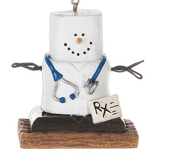 Decorative figure of a snowman with a stethoscope, RX sign, and tools on a white background