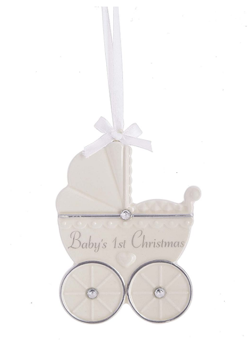 Decorative baby carriage ornament with 'Baby's 1st Christmas' text on a white background