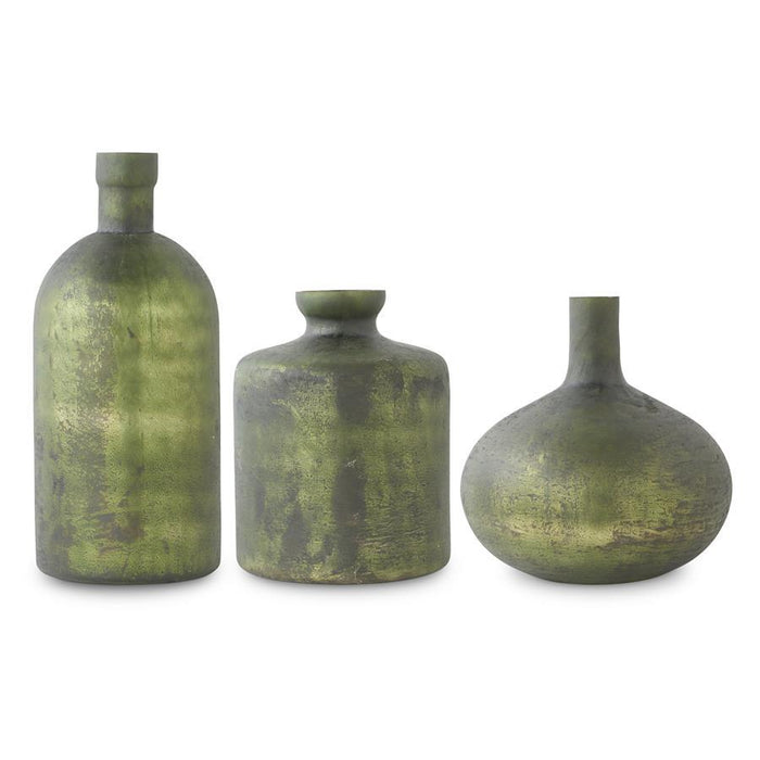 Antique Olive Green Matte Glass Bottle Vases - 3 Sizes