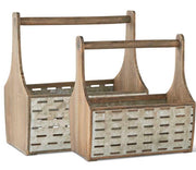 Two wooden caddy baskets with metal accents on a white background