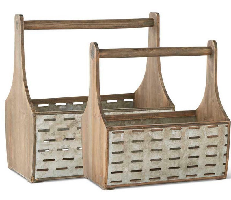 Two wooden caddy baskets with metal accents on a white background