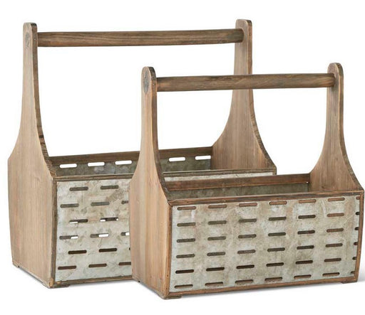 Two wooden caddy baskets with metal accents on a white background