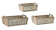 Three wooden crates with handles on a white background.