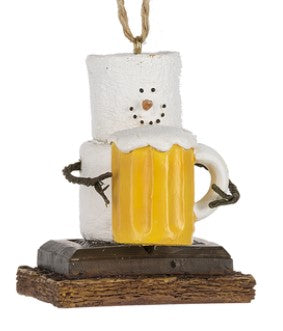 Decorative ornament shaped like a snowman made of a beer mug and marshmallow, with a white background.
