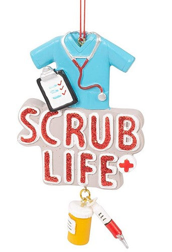Decorative ornament with 'SCRUB LIFE' text, medical-themed elements, and a stethoscope.