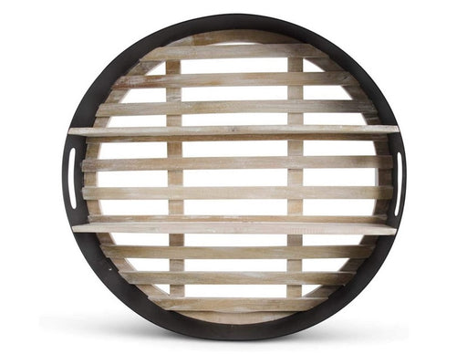 Round wooden shelf with black rim on a white background