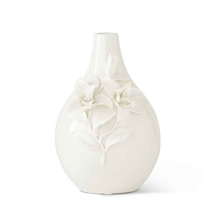 White Ceramic Bottle Neck Vase with Raised Lily Flowers