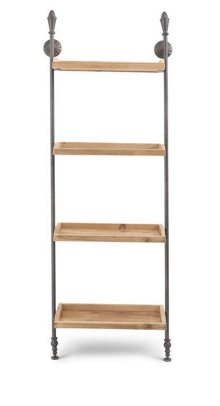 Four-tier wooden shelf with metal legs and decorative brackets on a white background