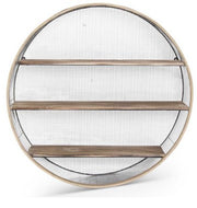 Round metal mesh shelf with wooden shelves on a white background