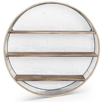 Round metal mesh shelf with wooden shelves on a white background