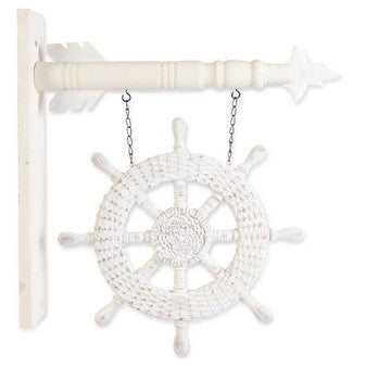 Decorative white ship's wheel with a wall bracket on a white background