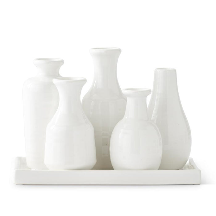Cluster of 5 White Ceramic Vases with Attached Tray