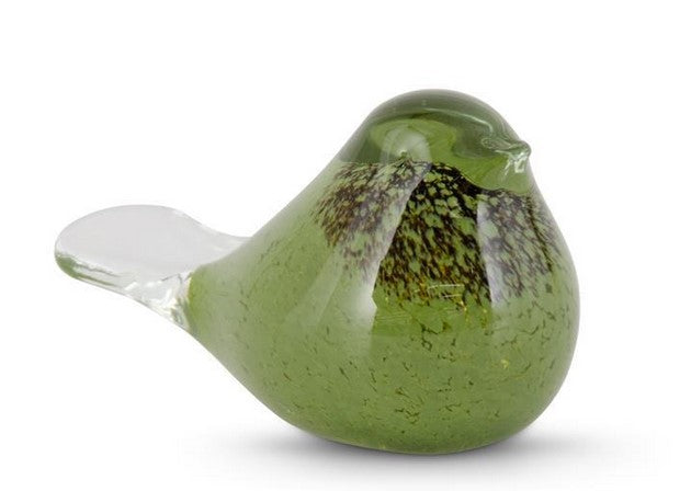 A green and brown speckled glass bird figurine.