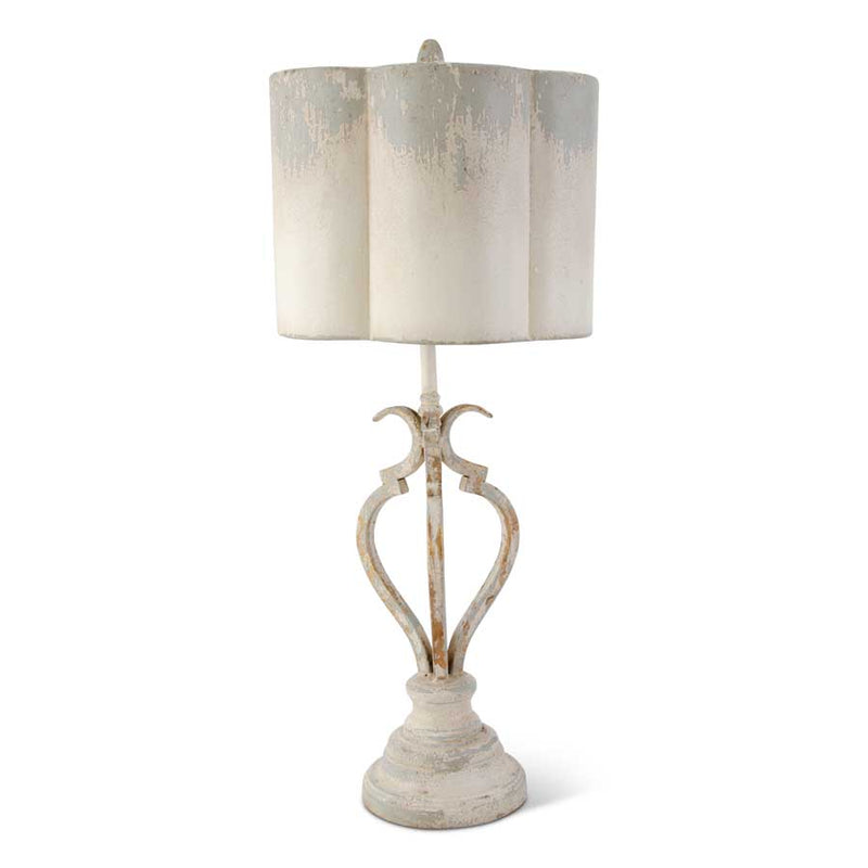 Cream & Gray Distressed Metal Lamp w/Metal Scalloped Shade