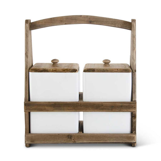 Wooden kitchen canister set with white jars on a white background
