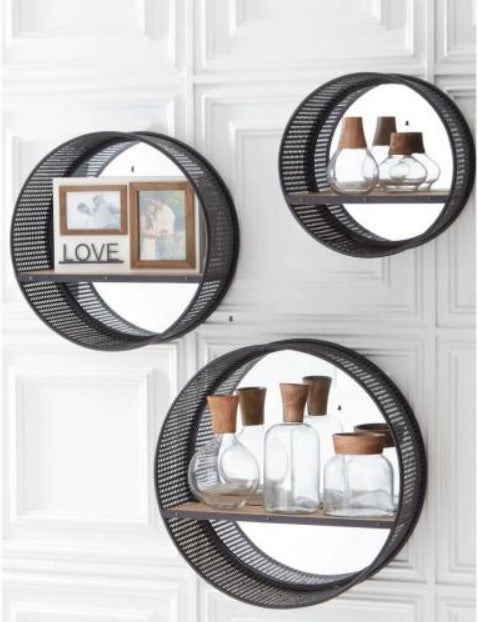 Round Black Punched Metal Mirrored Shelves