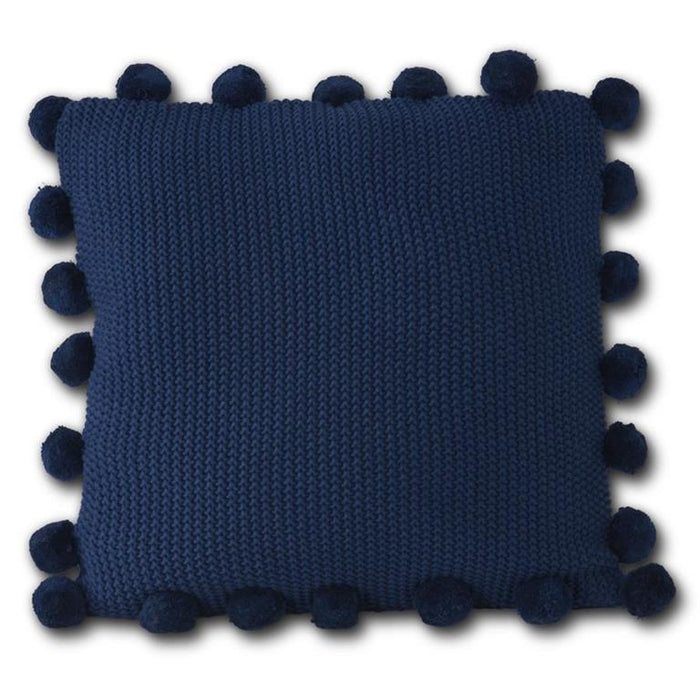 Blue Moss Stitch Knit Pillow with Pompom Trim