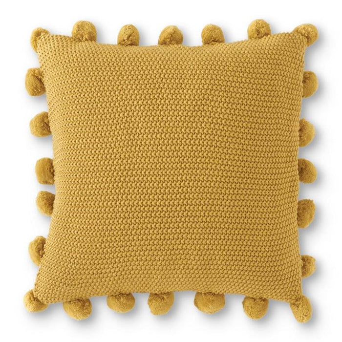 Yellow Moss Stitch Knit Pillow with Pompom Trim