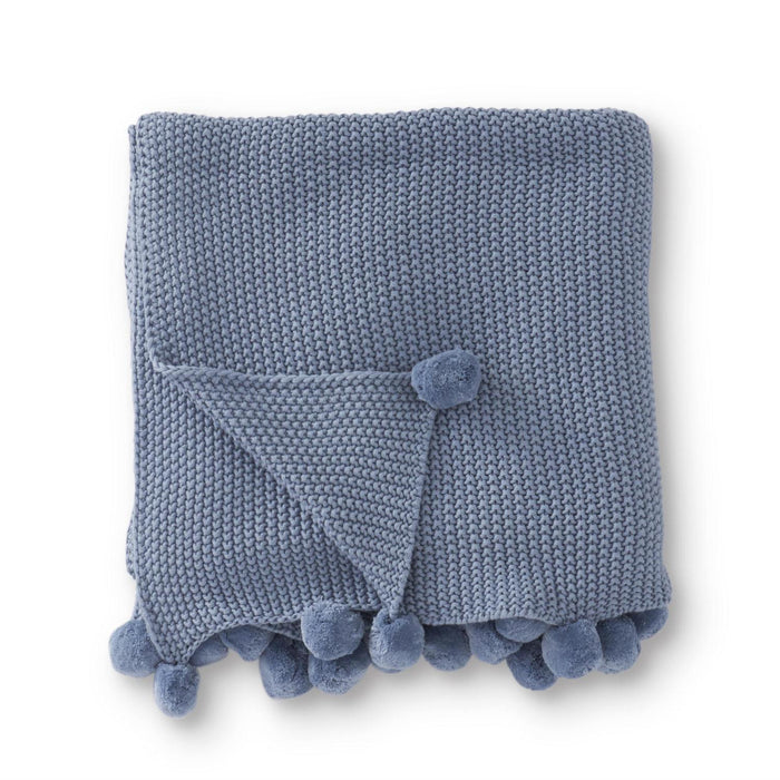 Light Blue Stitch Knit Throw with Pompom Trim