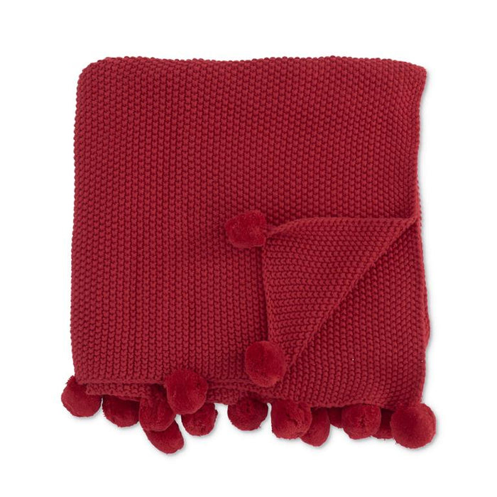 Red  Stitch Knit Throw w/Pompom Trim