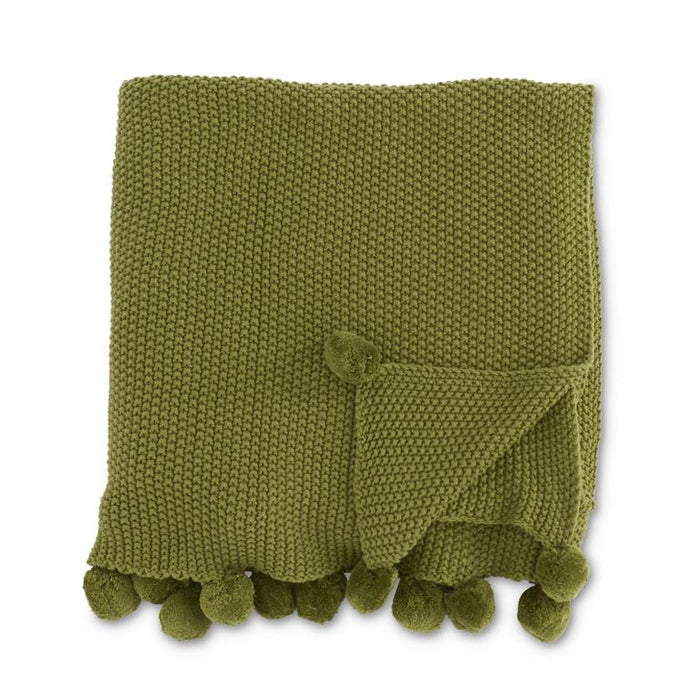 Sage Green Moss Stitch Knit Throw w/Pompom