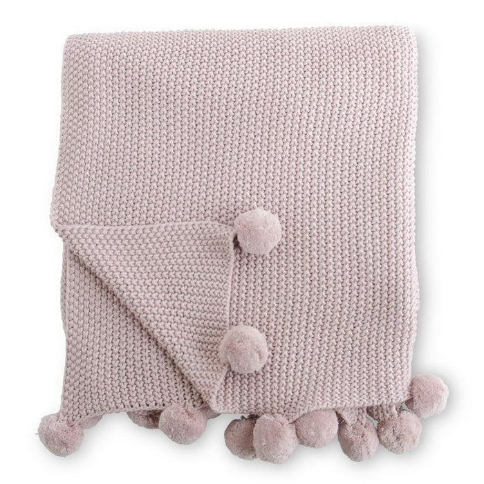 Pink Moss Stitch Knit Throw with Pompom Trim