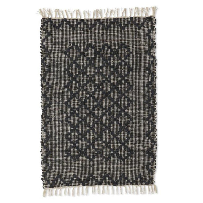 Black Cotton & Leather Shuttle Handwoven Rug with Fringe