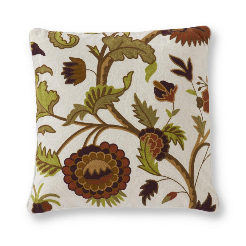 Square Hand Embroidered Multi-color Floral Pillow