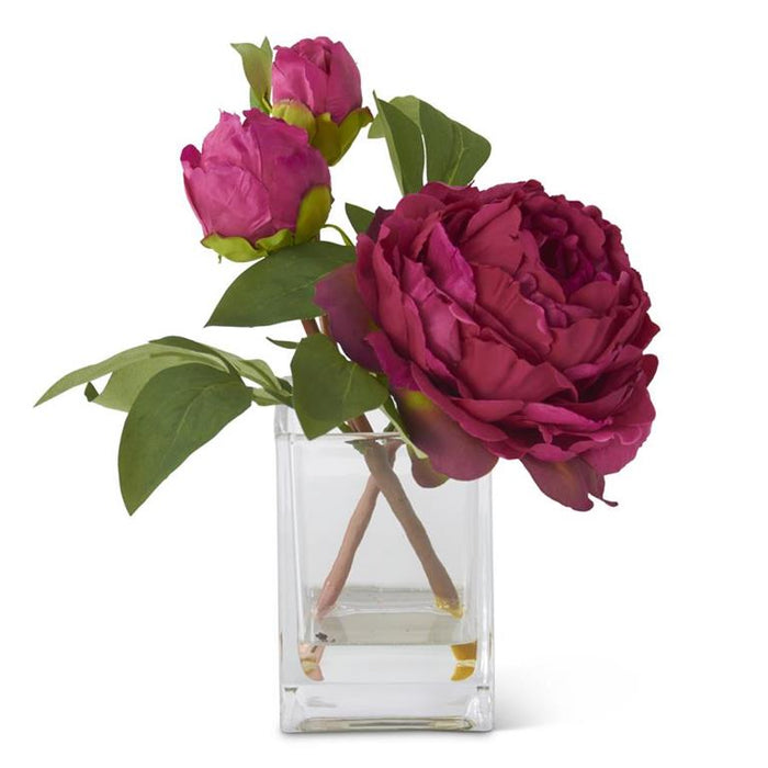 Fuchsia Peony Premade in Square Glass Pot with Faux Water