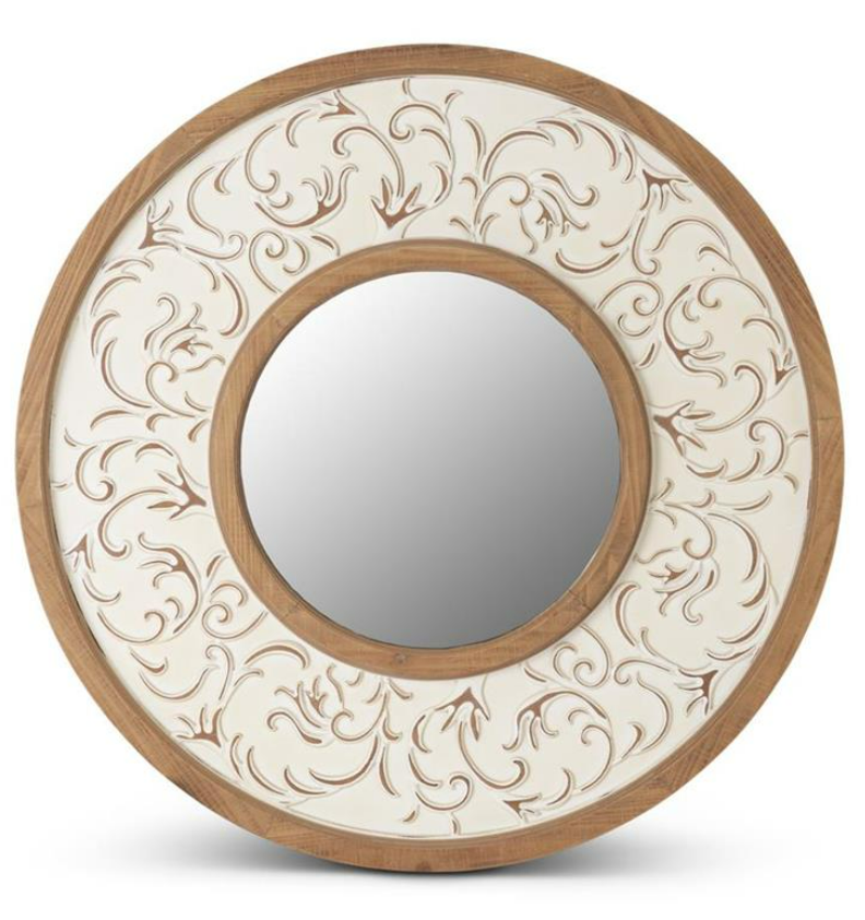 Round Natural & White Washed Embossed Scroll Framed Wall Mirror