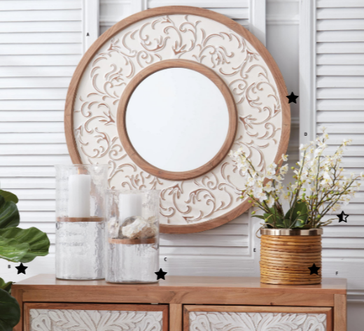Round Natural & White Washed Embossed Scroll Framed Wall Mirror