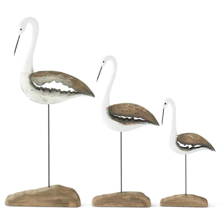 Whitewashed Paulownia Wood Shore Birds on Spindles Set of 3