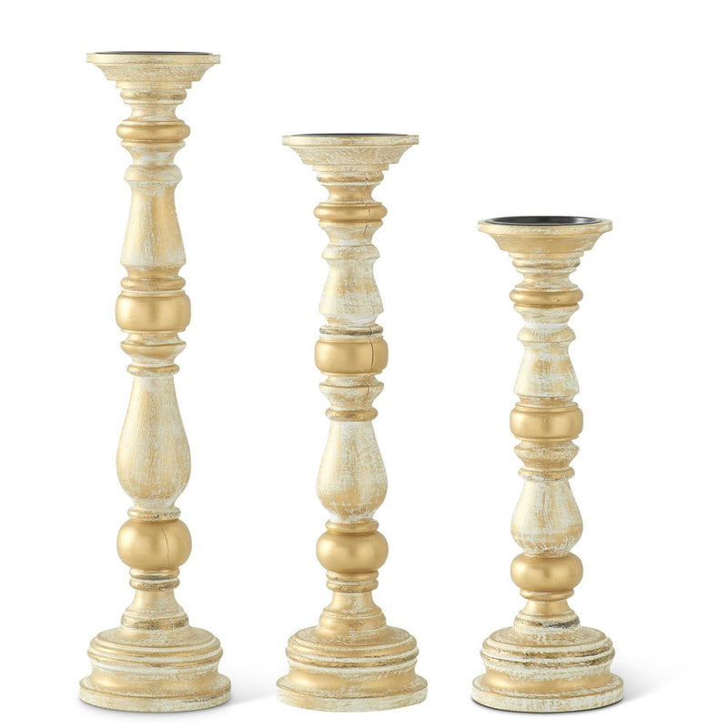 Gold Whitewashed Carved Wood Spindle Candle Holders