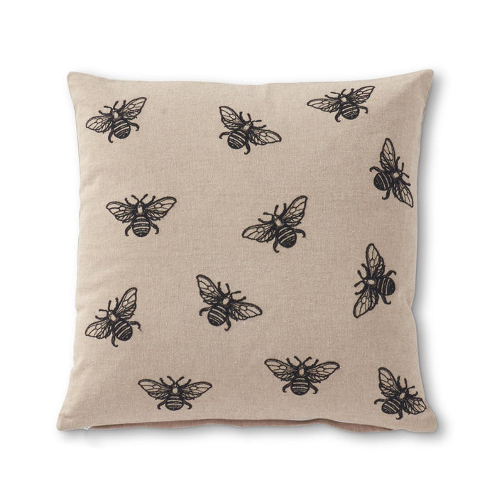 Square Tan Pillow with Black Embroidered Bees