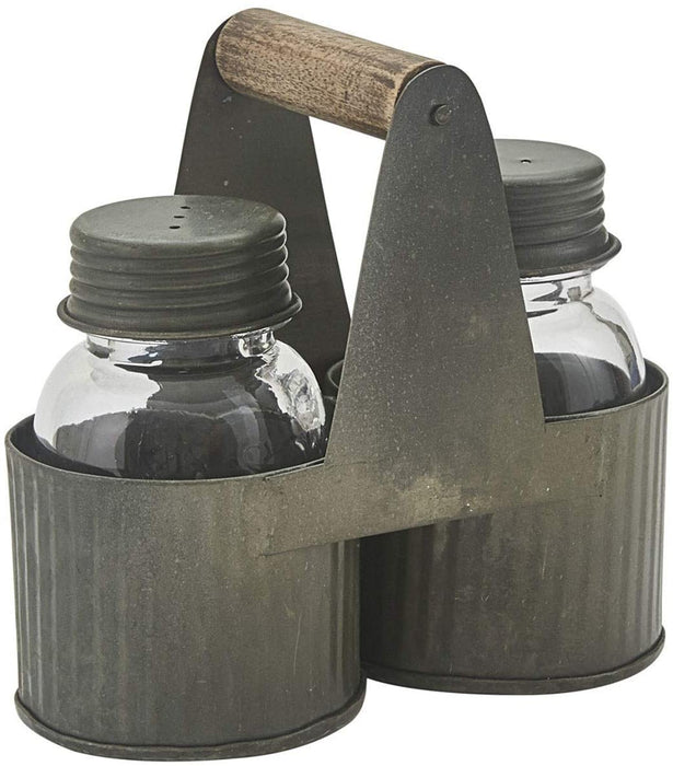 Crimped Galvanized Metal Salt & Pepper Shakers and Caddy