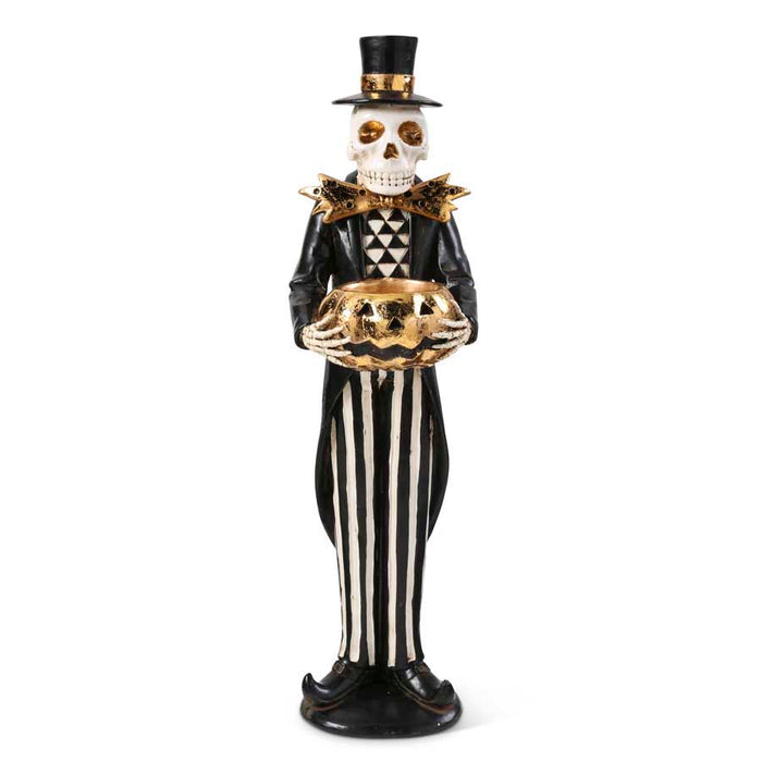 Black and Gold Skeleton Holding Gold Jack o Lantern