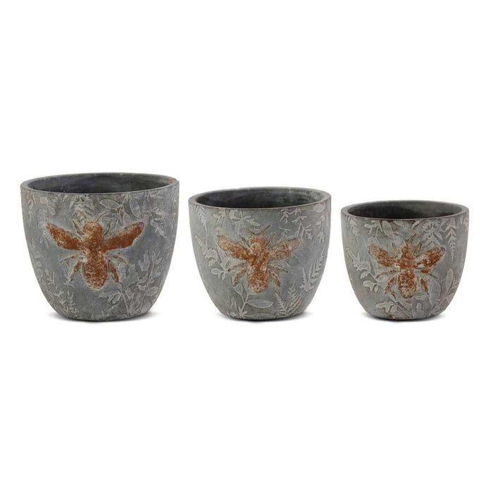 Weathered Gray Cement Pots w/Embossed Bees - 4 Options