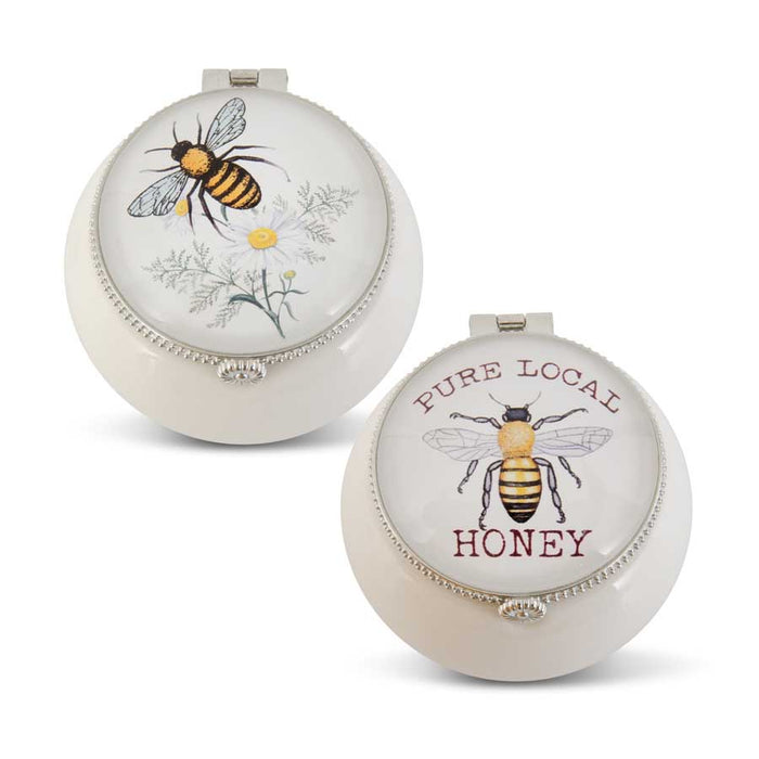 White Porcelain Trinket Boxes w/Bee Decal Glass Lids - 3 Options
