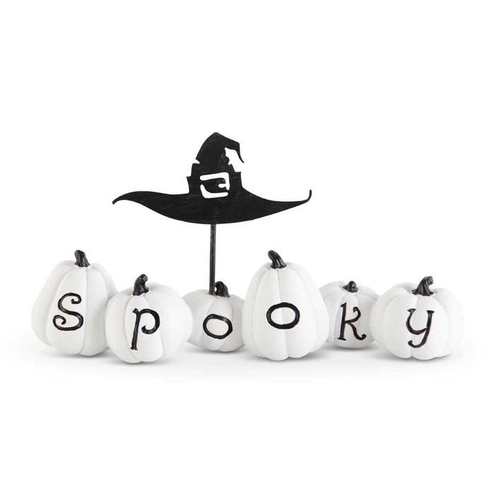 White SPOOKY Pumpkins with Metal Witch Hat