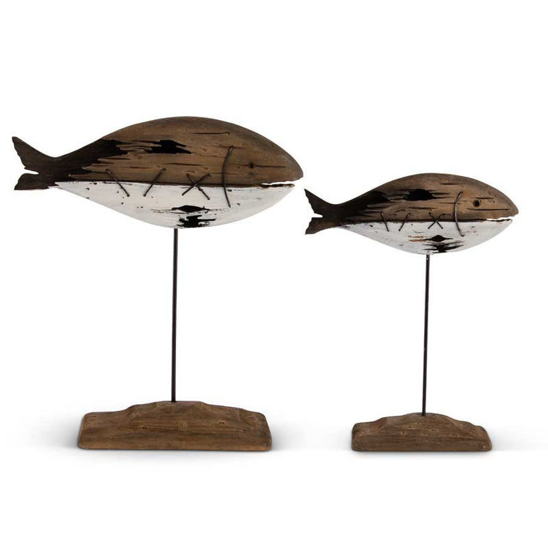 Brown & White Wood Fish on Metal Spindle - Set of 2