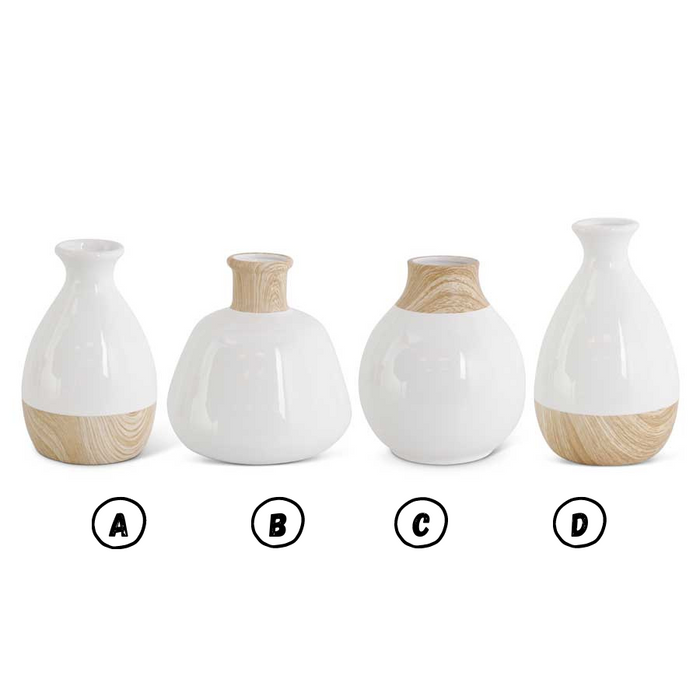 White Stoneware Vases with Wood Base